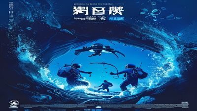 麻豆影视精品院线电影《深海之约》海报，深海蓝色调下潜水员与神秘生物相遇的奇幻场景