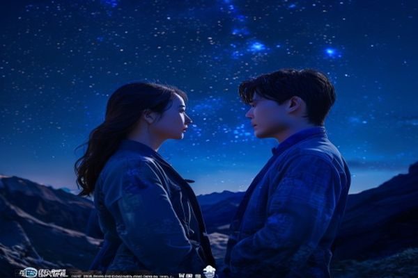 麻豆影视2026暑期档重磅原创剧《星河迷途》剧照，靛蓝星空下两位主角对视，画面唯美大气